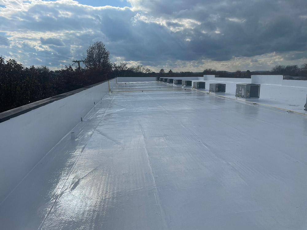 The image is of a fully restored commercial roof.