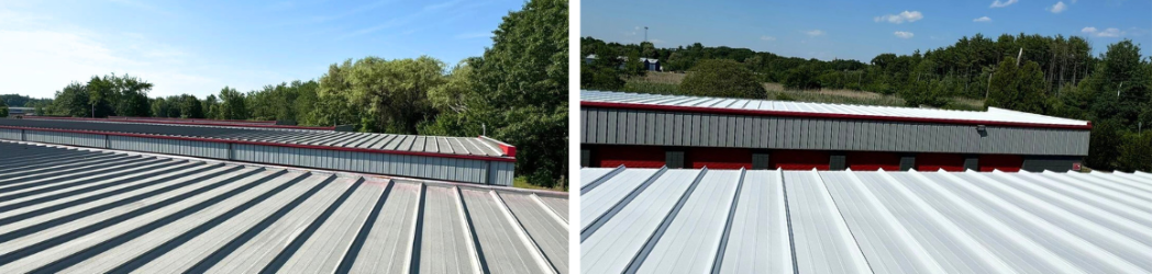 Image is of a before and after snapshot of a metal storage roof restored by the White Hat Industrial team.