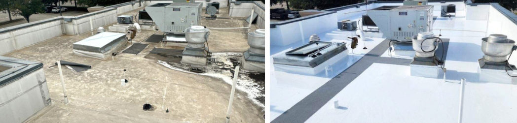 Image shows a before and after snapshot of a roof restored by the White Hat Industrial team.