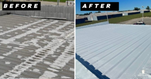 The image shows a before and after photo of the metal car dealership project.
