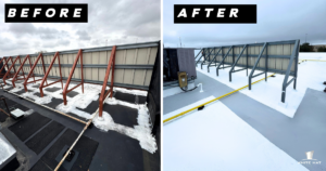 Image shows a before and after image of a EPDM roof restored by the White Hat Industrial team at a high-traffic retail property.