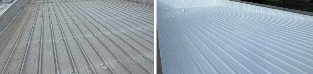 The image shows a before and after image of a metal roof restored with fluid-applied solutions.