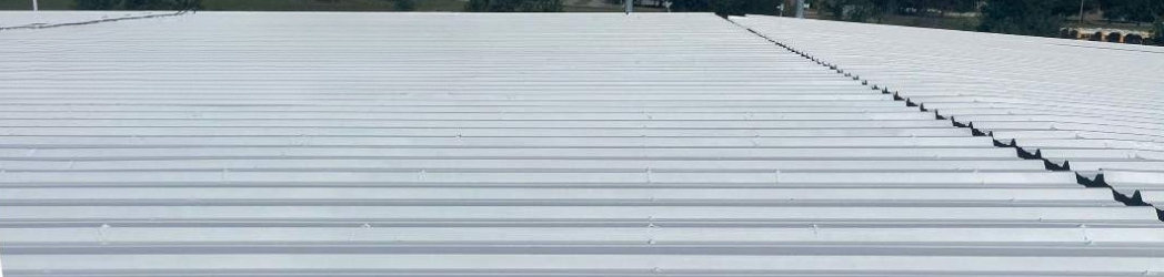 The image is of a metal car dealership roof restored by the White Hat Industrial team in South Carolina.