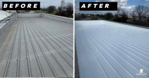 The image shows a before and after of a national automotive retailer's roof.