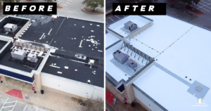 Image shows a before and after snapshot of a EPDM roof restored by the White Hat Industrial team. 