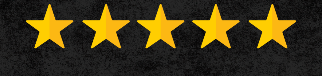 The image is of a black textured background with 5 yellow stars giving a perfect rating.