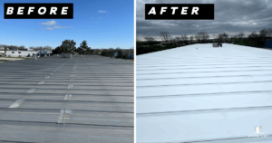 The image shows a before and after snapshot of a metal roof restored with an acrylic solution. 