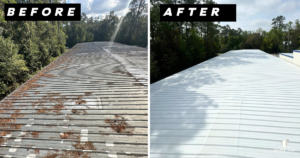 The image is of a metal roof with a fluid-applied system, restored by our experts.