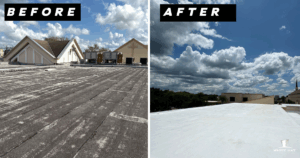 The image shows a before and after snapshot of the church roof.