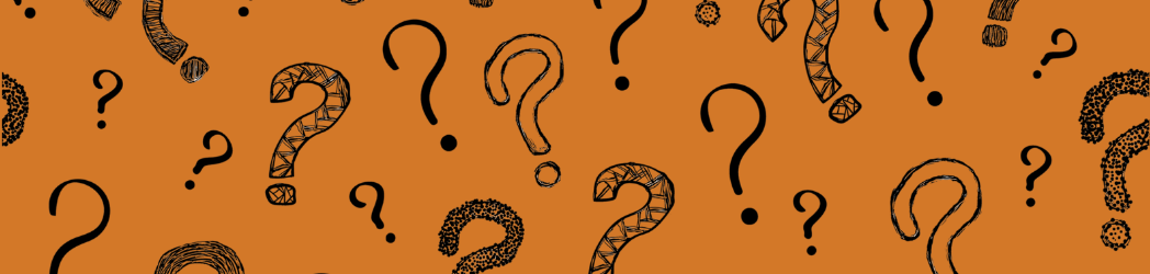 The image is of a orange background with black question marks over it.