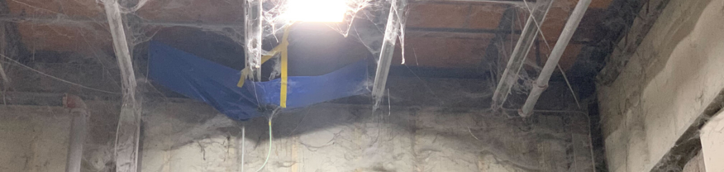 The image is of the interior of a commercial roof experiencing leaks and trying to mitigate them with a tarp.