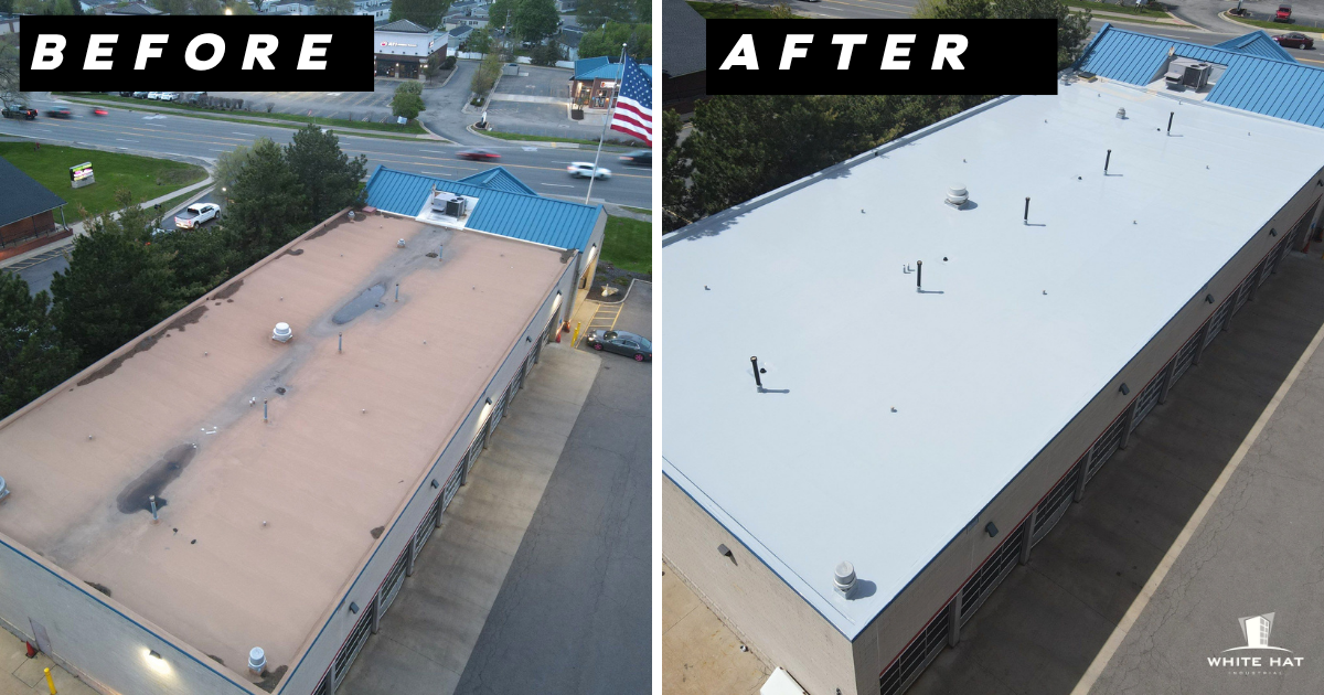 Before and after snapshot of a roof's aerial view.